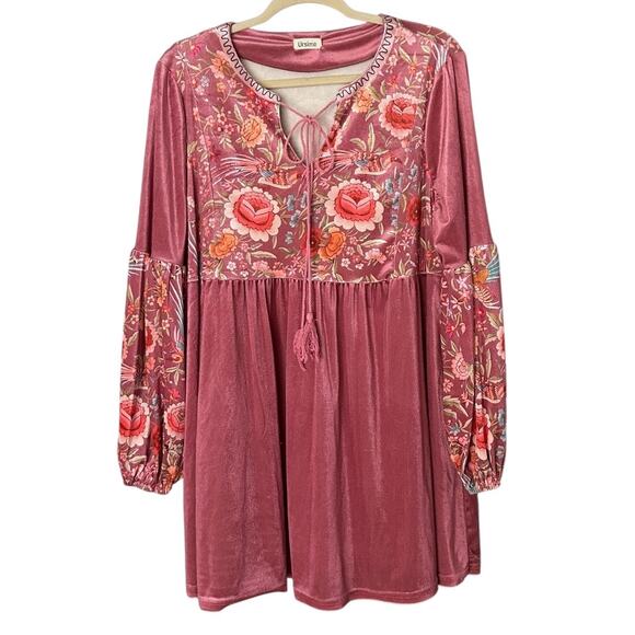 Ursime Floral Velvet Peasant Top Women’s 2XL Mauve Empire Waist Flowy Boho - Picture 1 of 5